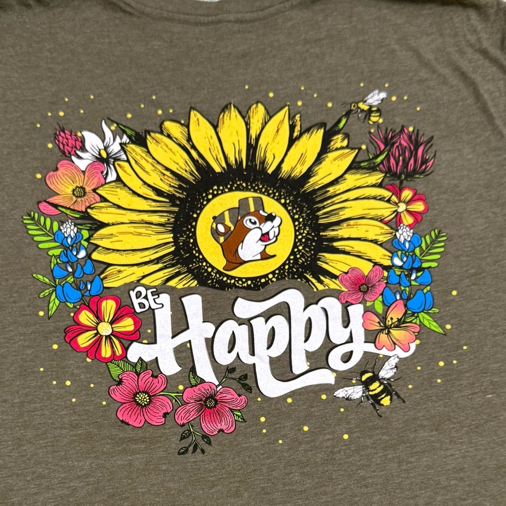 Sunflower Graphic T-Shirt Buc-ee’s 2XL “Be Happy” EUC